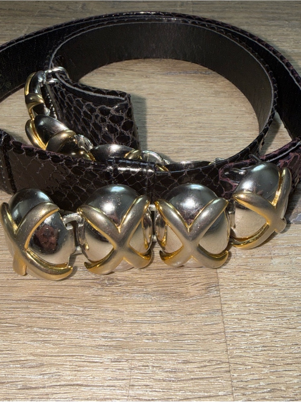 Vtg 80’s Alexis Kirk Black Leather Snakeskin Adjustable Belt Iconic “XO” Buckle